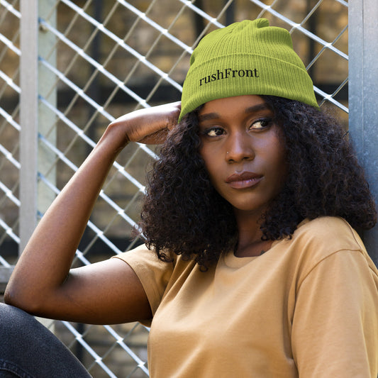 rushFront organic cotton beanie in yellow, green blue and grey.