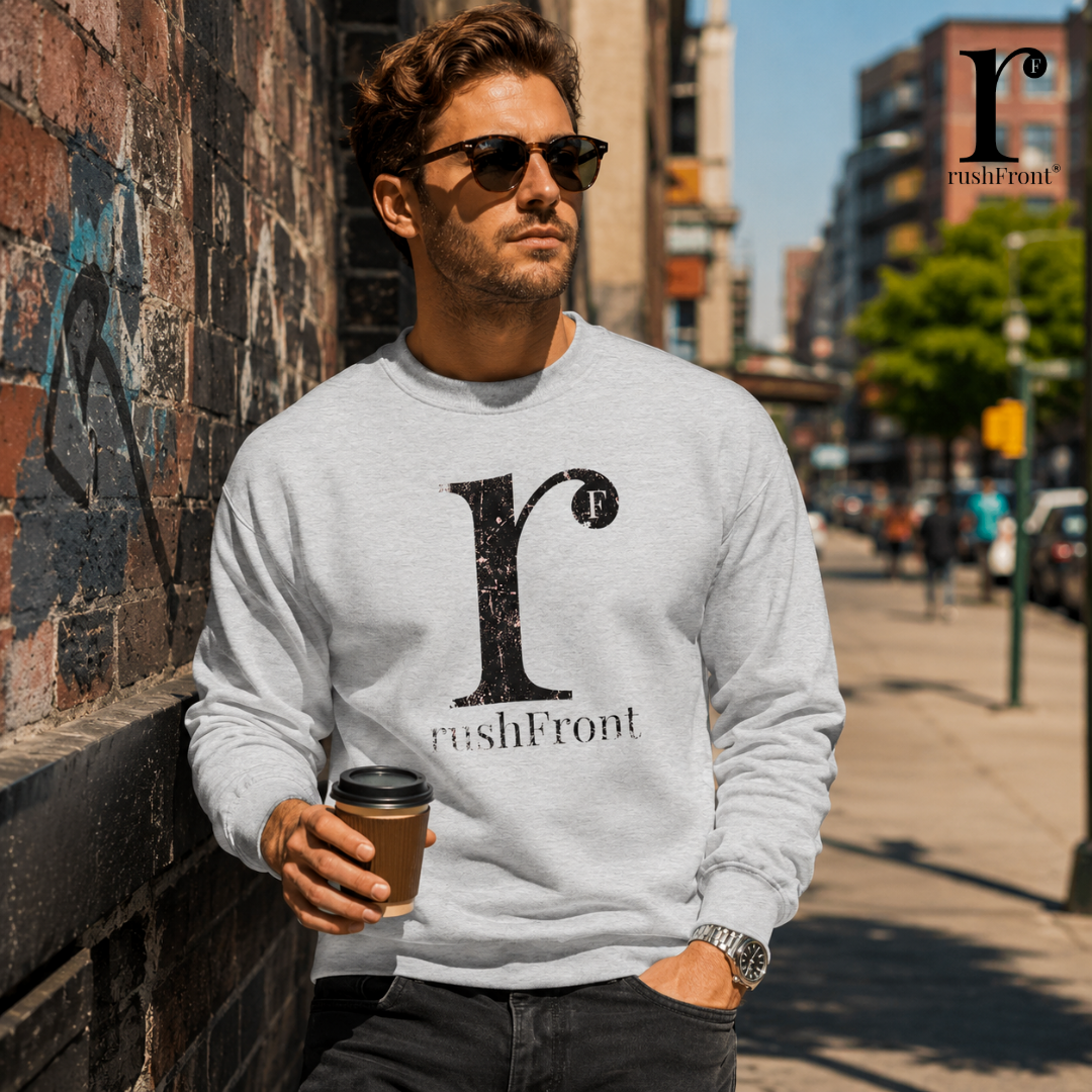 A man wearing a light gray crewneck sweatshirt with a large black distressed 'r' and 'rushfront' logo stands on a city sidewalk holding a coffee cup. The background shows a blurred urban street scene with brick walls and buildings.