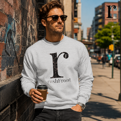 A man wearing a light gray crewneck sweatshirt with a large black distressed 'r' and 'rushfront' logo stands on a city sidewalk holding a coffee cup. The background shows a blurred urban street scene with brick walls and buildings.