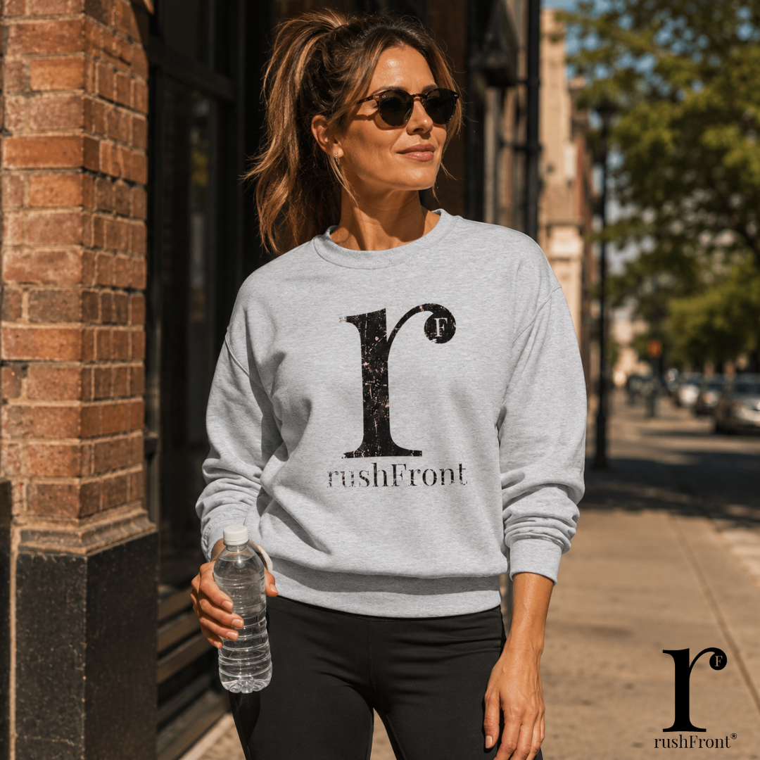 A woman wearing a light gray crewneck sweatshirt with a large black distressed 'r' and 'rushFront' logo stands on a city sidewalk next to a brick building, holding a water bottle.