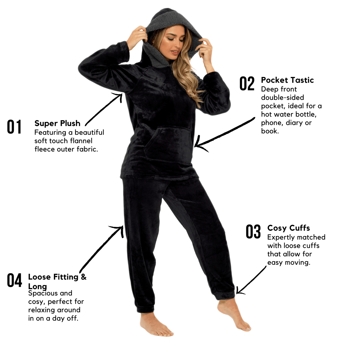 Woman wearing a black fleece outfit with features highlighted on a white background